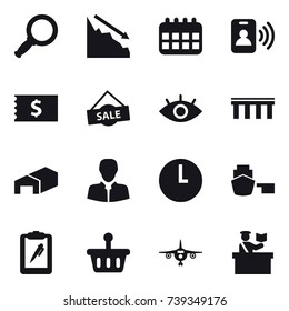 16 vector icon set : magnifier, crisis, calendar, pass card, receipt, sale, bridge, warehouse, plane, inspector