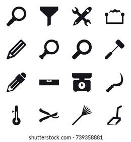 16 vector icon set : magnifier, funnel, pencil wrench, electrostatic, pencil, level, kitchen scales, sickle, thermometer, pruner, rake, scoop