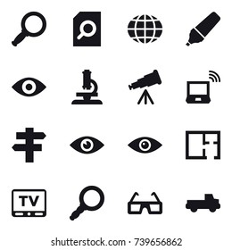 16 vector icon set : magnifier, search document, globe, marker, eye, microscope, telescope, notebook wireless, singlepost, plan, tv, pickup