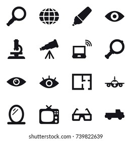 16 vector icon set : magnifier, globe, marker, eye, microscope, telescope, notebook wireless, plan, mirror, tv, pickup
