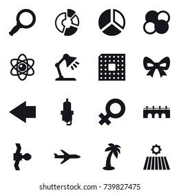 16 vector icon set : magnifier, circle diagram, diagram, atom core, atom, table lamp, cpu, bow, left arrow, spark plug, bridge, plane, palm, field