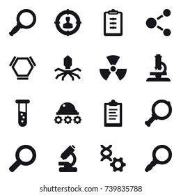 16 vector icon set : magnifier, target audience, clipboard, molecule, hex molecule, virus, nuclear, microscope, vial, lunar rover