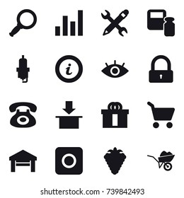 16 vector icon set : magnifier, graph, pencil wrench, scales weight, spark plug, info, lock, cart, garage, ring button, berry, wheelbarrow