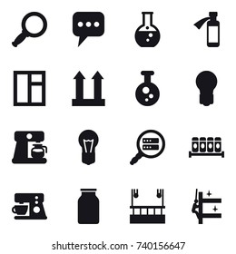 16 vector icon set : magnifier, message, round flask, window, bulb, coffee maker, skyscapers cleaning, skyscrapers cleaning