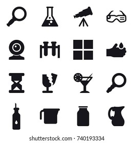 16 vector icon set : magnifier, flask, telescope, smart glasses, web cam, window, cocktail, measuring cup, jug