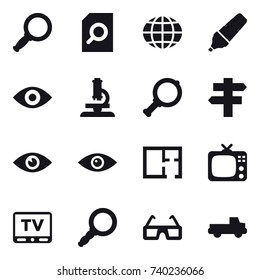 16 vector icon set : magnifier, search document, globe, marker, eye, microscope, singlepost, plan, tv, pickup