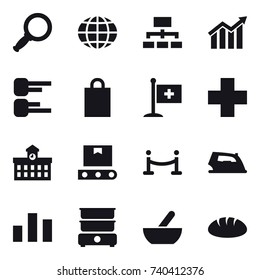 16 vector icon set : magnifier, globe, hierarchy, diagram, shopping bag, university, vip fence, iron, mortar, bread