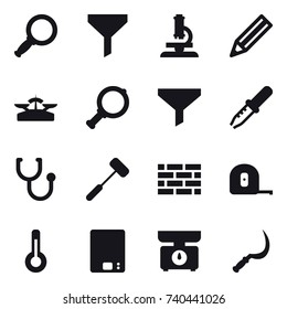 16 vector icon set : magnifier, funnel, microscope, pencil, scales, brick wall, measuring tape, thermometer, kitchen scales, sickle