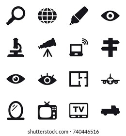16 vector icon set : magnifier, globe, marker, eye, microscope, telescope, notebook wireless, singlepost, plan, mirror, tv, pickup