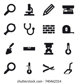 16 vector icon set : magnifier, microscope, pencil, market scales, brick wall, measuring tape, construction, level, thermometer, pruner, scoop
