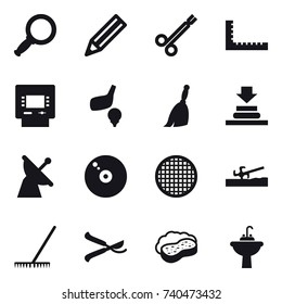 16 vector icon set : magnifier, pencil, ruler, atm, golf, broom, soil cutter, rake, pruner, sponge with foam, water tap sink