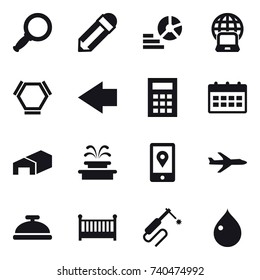 16 vector icon set : magnifier, pencil, diagram, notebook globe, hex molecule, left arrow, calculator, calendar, warehouse, fountain, plane, service bell, crib, drop