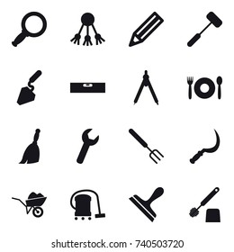 16 vector icon set : magnifier, share, pencil, construction, level, drawing compass, cafe, broom, big fork, sickle, wheelbarrow, vacuum cleaner, scraper, toilet brush