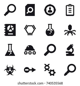 16 vector icon set : magnifier, search document, target audience, clipboard, annual report, hex molecule, round flask, virus, flask, lunar rover