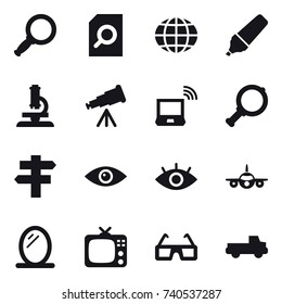 16 vector icon set : magnifier, search document, globe, marker, microscope, telescope, notebook wireless, singlepost, mirror, tv, pickup