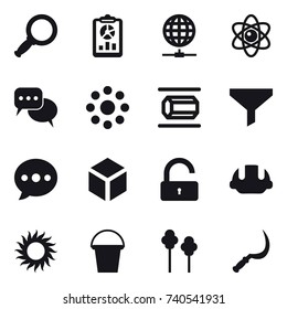 16 vector icon set : magnifier, report, globe connect, atom, discussion, round around, nanotube, funnel, ballon, 3d, unlock, building helmet, sun, bucket, trees, sickle