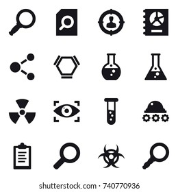 16 vector icon set : magnifier, search document, target audience, annual report, molecule, hex molecule, round flask, flask, nuclear, eye identity, vial, lunar rover, clipboard
