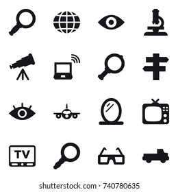 16 vector icon set : magnifier, globe, eye, microscope, telescope, notebook wireless, singlepost, mirror, tv, pickup