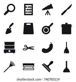 16 vector icon set : magnifier, abacus, telescope, construction, cutting board, pan, scissors, eggplant, broom, rake, sponge, scraper, plunger