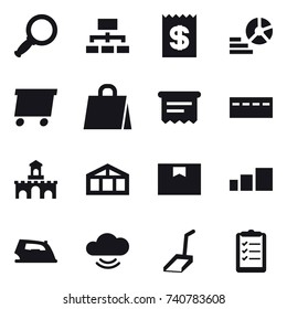 16 vector icon set : magnifier, hierarchy, receipt, diagram, delivery, shopping bag, atm receipt, bunker, fort, greenhouse, iron, scoop, clipboard list
