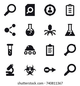 16 vector icon set : magnifier, search document, target audience, clipboard, molecule, round flask, virus, flask, vial, lunar rover