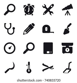 16 vector icon set : magnifier, alarm clock, pencil wrench, telescope, pencil, measuring tape, construction, barometer, kitchen scales, sickle, thermometer, pruner, scoop