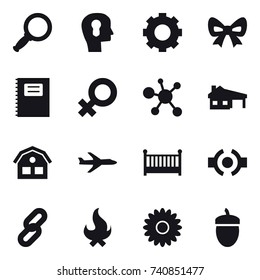 16 vector icon set : magnifier, bulb head, gear, bow, copybook, house with garage, house, plane, crib, fire, flower, acorn