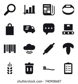 16 vector icon set : magnifier, graph, newspaper, smart bracelet, shopping bag, delivery, rolling pin, spikelets, trash bin, tooth brush, clipboard list