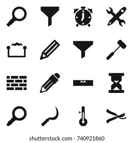 16 vector icon set : magnifier, funnel, alarm clock, pencil wrench, electrostatic, pencil, brick wall, level, sickle, thermometer, pruner
