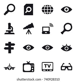 16 vector icon set : magnifier, search document, globe, eye, microscope, telescope, notebook wireless, singlepost, tv