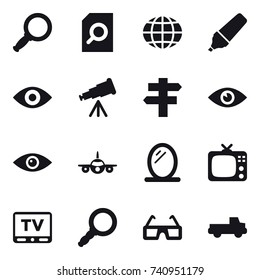 16 vector icon set : magnifier, search document, globe, marker, eye, telescope, singlepost, mirror, tv, pickup