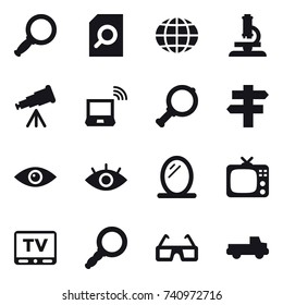 16 vector icon set : magnifier, search document, globe, microscope, telescope, notebook wireless, singlepost, mirror, tv, pickup