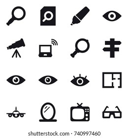 16 vector icon set : magnifier, search document, marker, eye, telescope, notebook wireless, singlepost, plan, mirror, tv