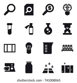 16 vector icon set : magnifier, search document, dollar magnifier, bulb brain, window, measuring cup, clean floor, clean  window