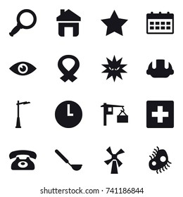 16 vector icon set : magnifier, home, star, calendar, building helmet, outdoor light, first aid, phone, ladle, windmill, microb