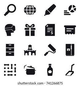 16 vector icon set : magnifier, globe, marker, diagram, virtual mask, gift, account balance, atm receipt, fort, repair, fridge, steam pan, scoop