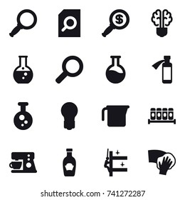 16 vector icon set : magnifier, search document, dollar magnifier, bulb brain, round flask, bulb, measuring cup, skyscrapers cleaning, wiping