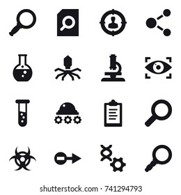 16 vector icon set : magnifier, search document, target audience, molecule, round flask, virus, microscope, eye identity, vial, lunar rover, clipboard