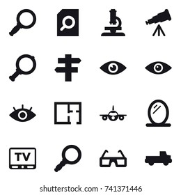 16 vector icon set : magnifier, search document, microscope, telescope, singlepost, plan, mirror, tv, pickup