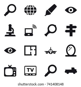 16 vector icon set : magnifier, globe, marker, eye, microscope, notebook wireless, singlepost, plan, mirror, tv, pickup