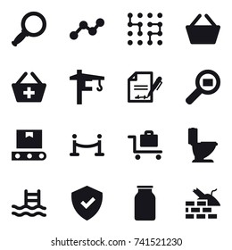 16 vector icon set : magnifier, graph, chip, basket, add to basket, tower crane, vip fence, baggage trolley, toilet, pool, construct garbage