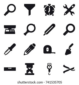 16 vector icon set : magnifier, funnel, alarm clock, pencil wrench, market scales, pencil, measuring tape, construction, level, handle scales, pruner
