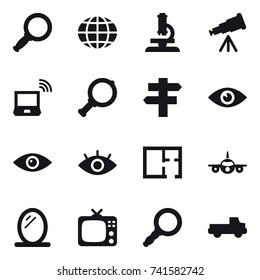 16 vector icon set : magnifier, globe, microscope, telescope, notebook wireless, singlepost, plan, mirror, tv, pickup