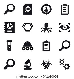 16 vector icon set : magnifier, search document, target audience, clipboard, annual report, hex molecule, virus, eye identity, vial, lunar rover