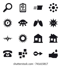 16 vector icon set : magnifier, report, delivery, round around, sun power, ufo, plane, sun, home, phone, hand drop