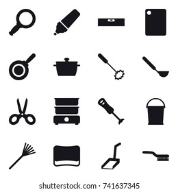 16 vector icon set : magnifier, marker, level, cutting board, pan, whisk, ladle, scissors, bucket, rake, sponge, scoop, brush