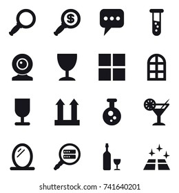 16 vector icon set : magnifier, dollar magnifier, message, vial, web cam, wineglass, window, arch window, cocktail, mirror, wine, clean floor