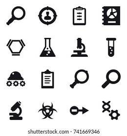 16 vector icon set : magnifier, target audience, clipboard, annual report, hex molecule, flask, microscope, vial, lunar rover