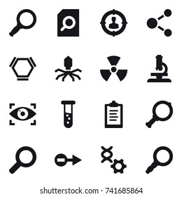 16 vector icon set : magnifier, search document, target audience, molecule, hex molecule, virus, nuclear, microscope, eye identity, vial, clipboard