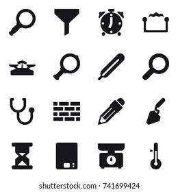 16 vector icon set : magnifier, funnel, alarm clock, electrostatic, scales, brick wall, pencil, construction, kitchen scales, thermometer